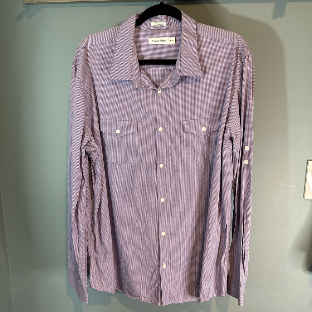 Calvin Klein Long Sleeve Button Down Shirt with Pockets in Purple/White Plaid